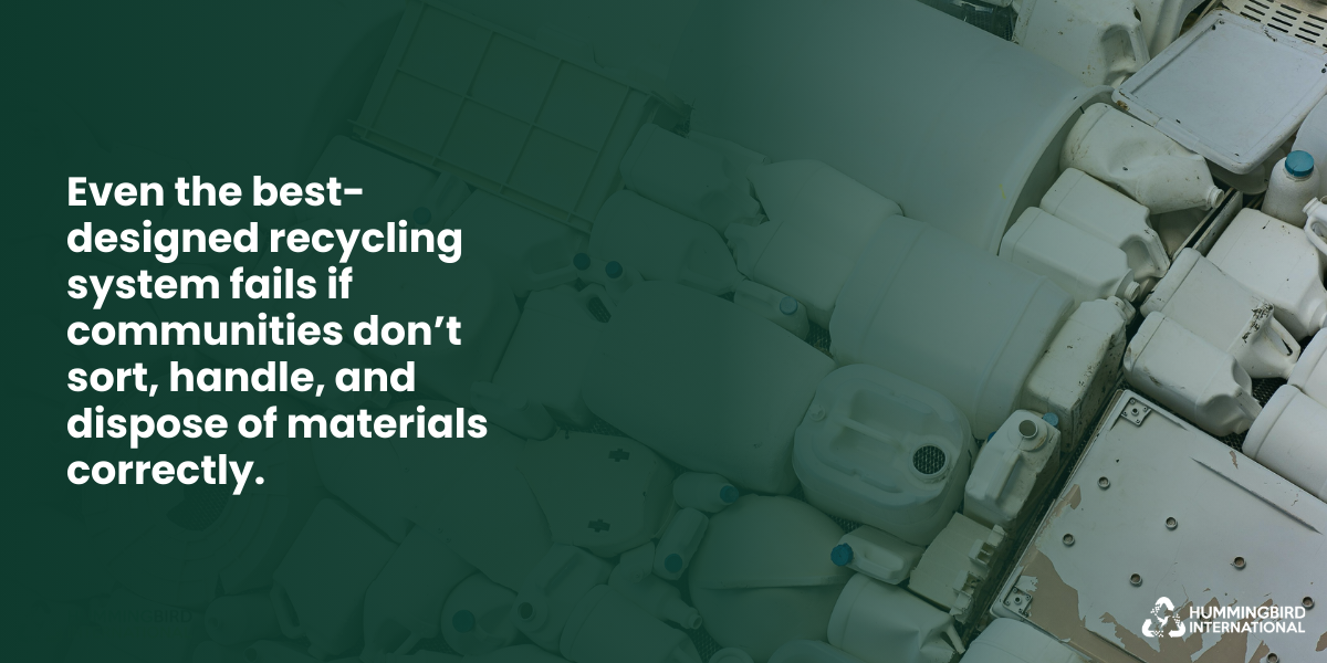 Recycling systems fail if communities do not sort and handle materials properly.
