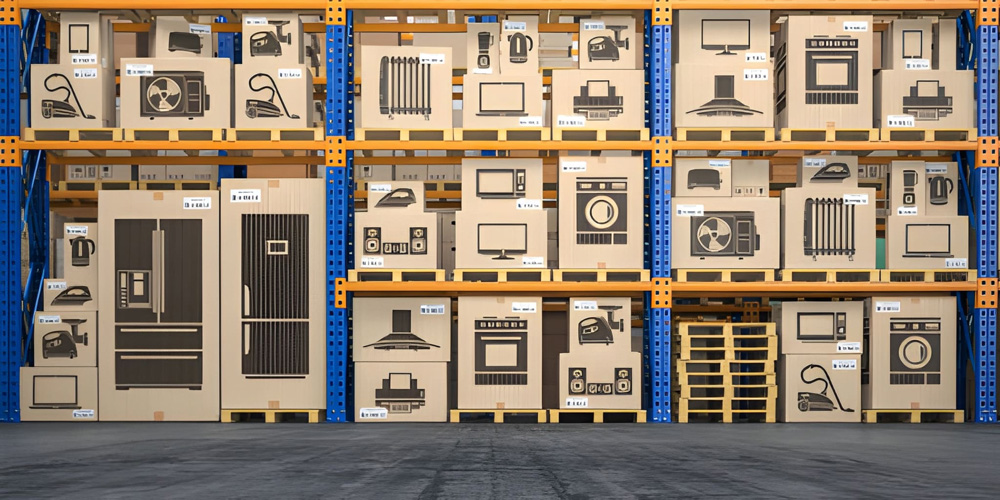 Warehouse shelves stacked with boxed electronic appliances.
