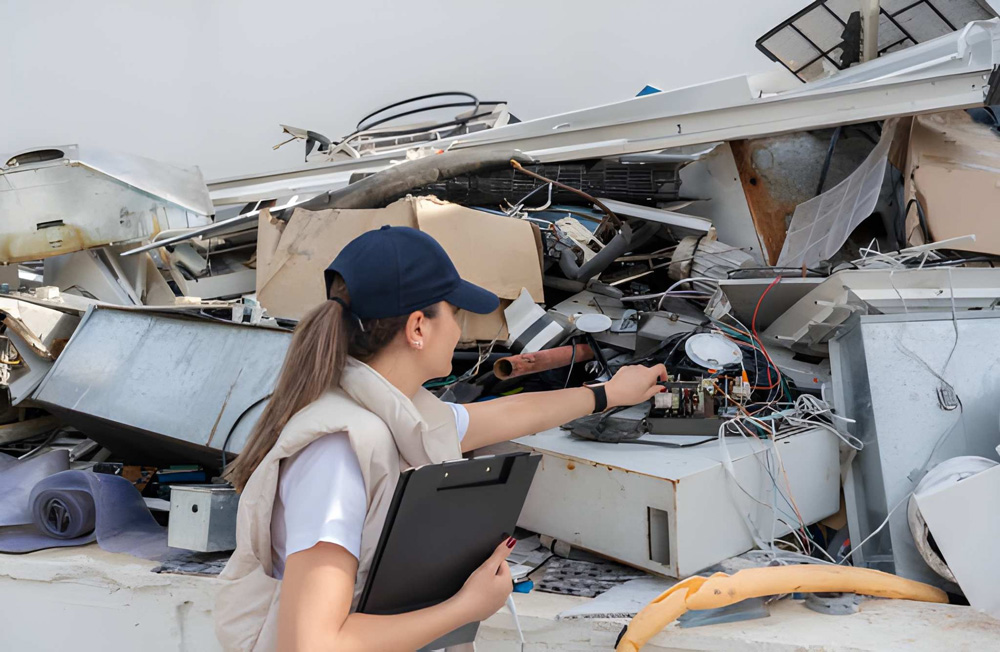 Worker inspecting electronic waste at a recycling site.