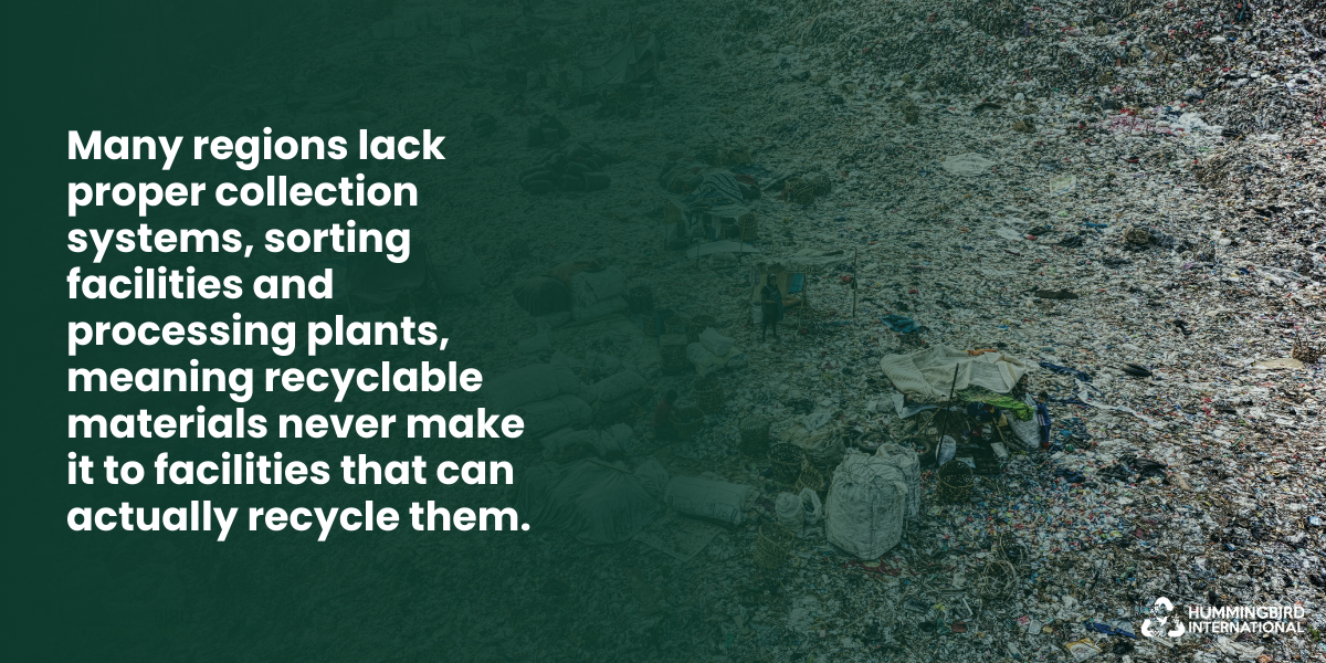 Many regions lack proper recycling infrastructure, so materials don’t reach recycling facilities.