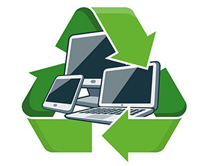 Green recycling symbol surrounding digital devices