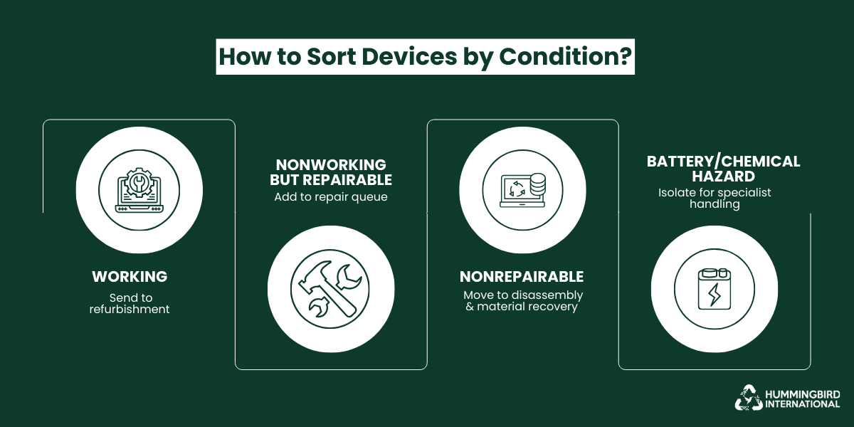 Device sorting by condition showing paths for working, repairable, nonrepairable, and battery or chemical hazard items.