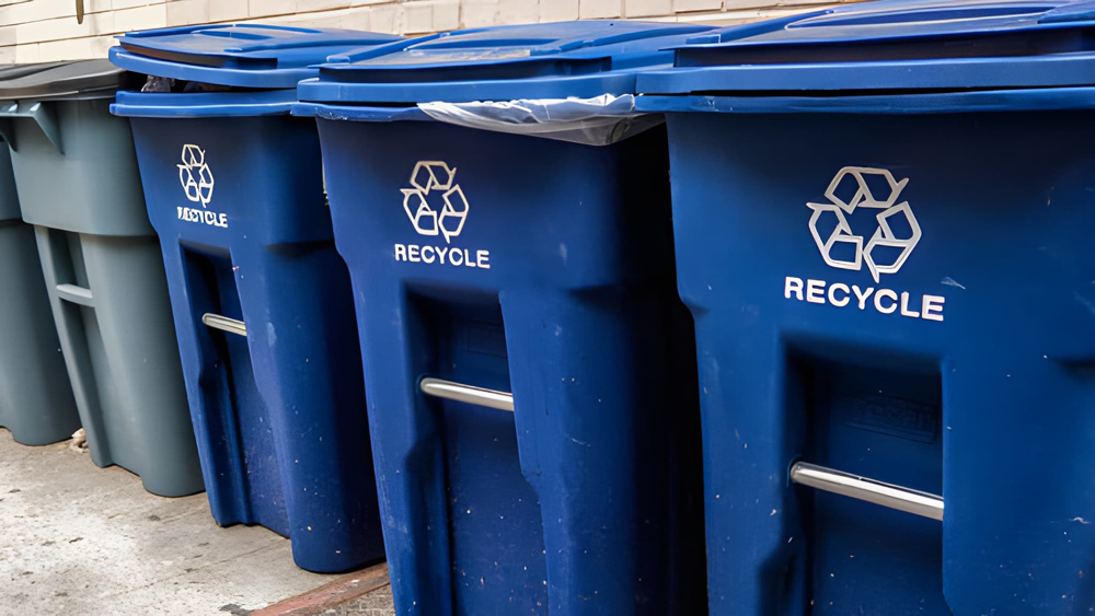 Row of blue residential recycling bins with recycle symbols lined up outdoors for waste and materials collection.