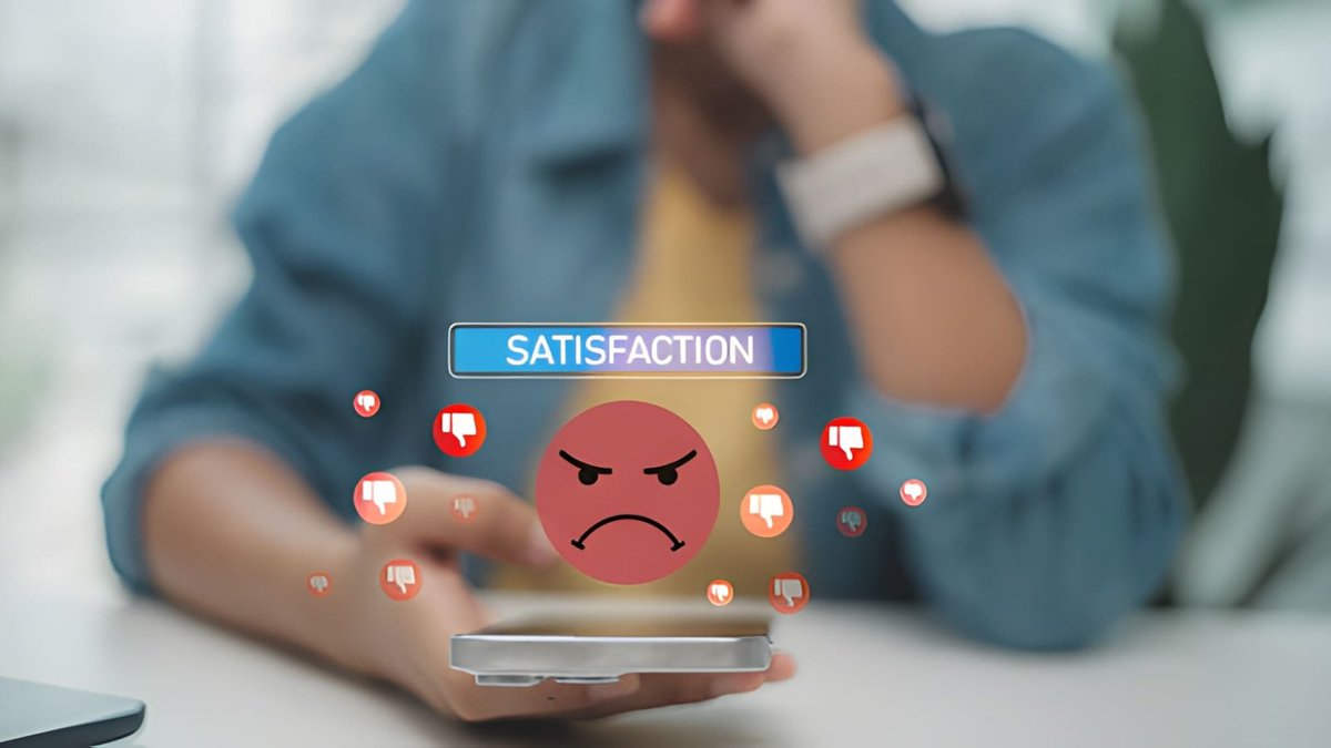 Unhappy customer giving negative satisfaction feedback on smartphone