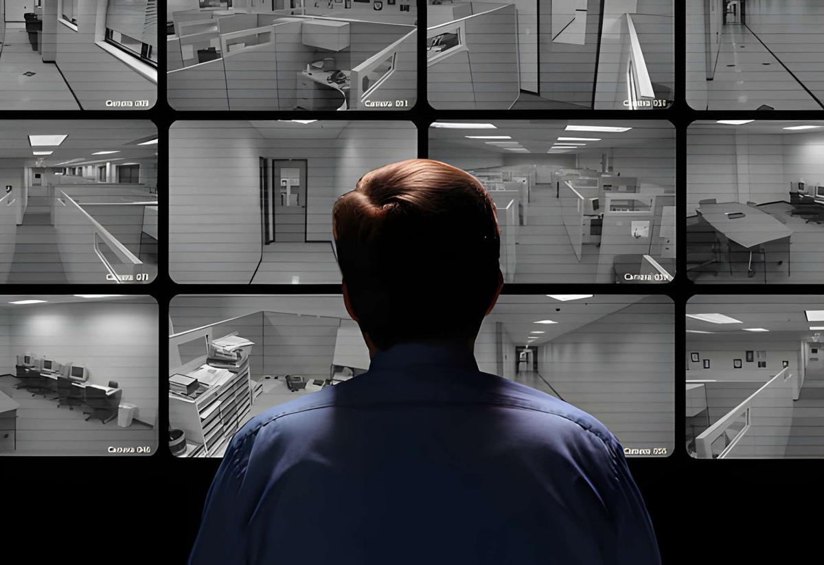 Security guard monitoring multiple CCTV surveillance screens