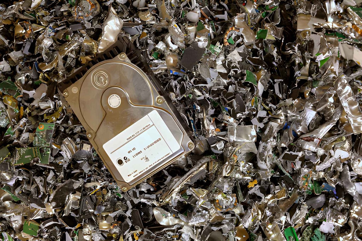 Hard drive discarded in a pile of electronic waste