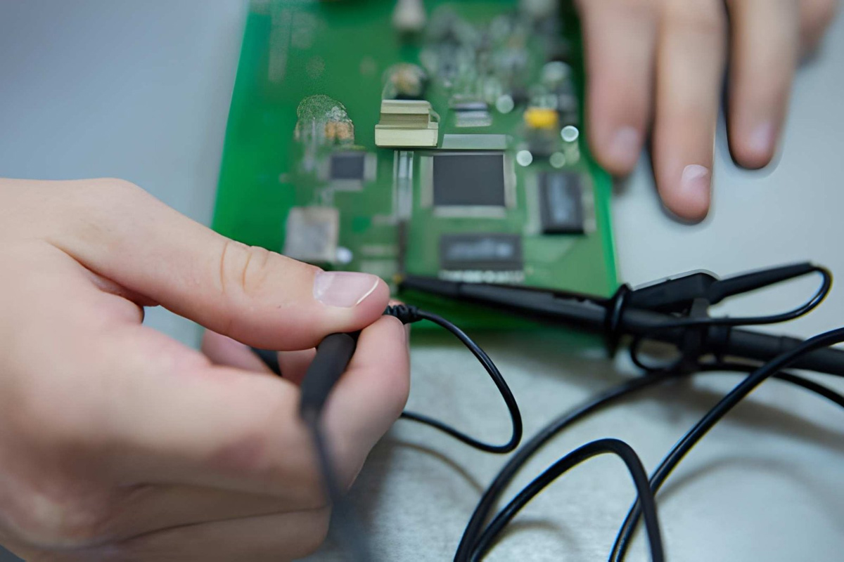 Hands testing a circuit board with probes
