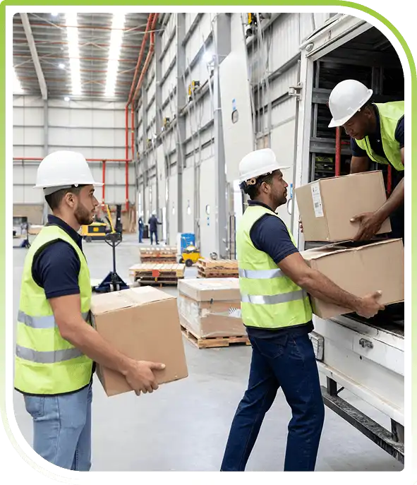 Logistics workers loading boxes into a transport truck.