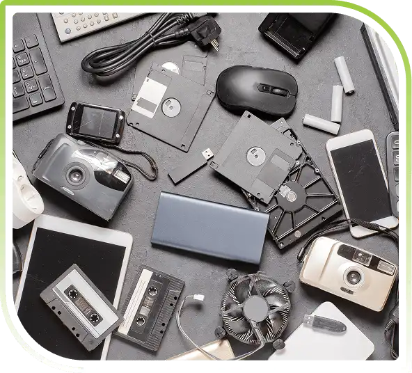 Assorted electronic waste and vintage tech gadgets.