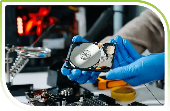 Disassembled hard drive parts and internal circuits.