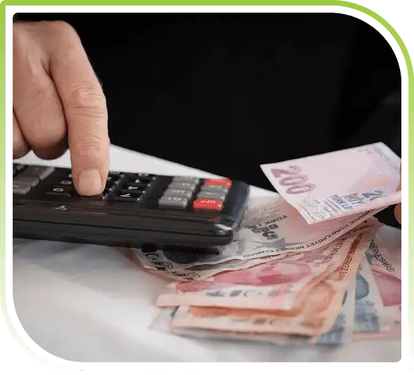 A person using a calculator with money.