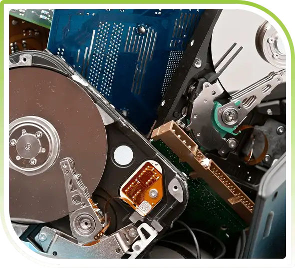 Close-up pile of various discarded hard drives.