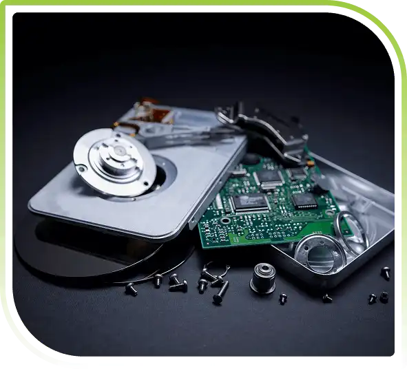 Disassembled hard drive parts and internal circuits.