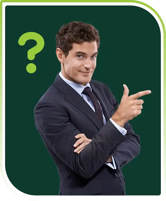 Professional pointing with a question mark, symbolizing clear guidance and FAQs about secure hard drive disposal solutions.