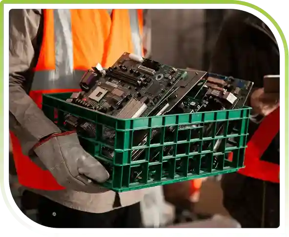 Worker carrying a green crate full of motherboards.