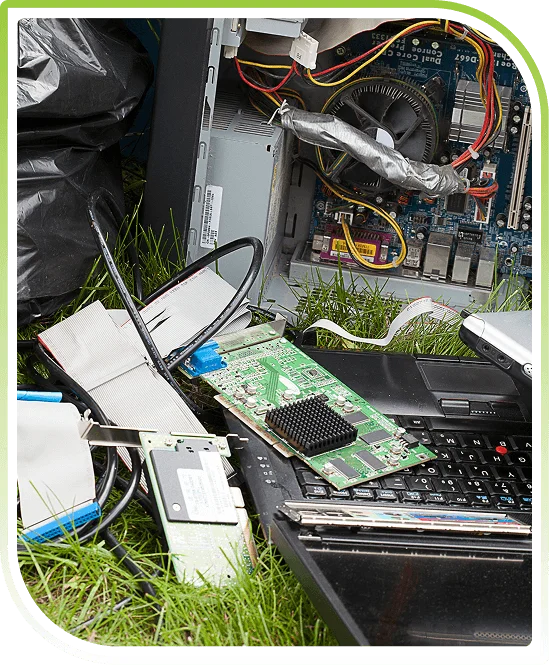 Pile of discarded electronics waiting for e-waste pick up