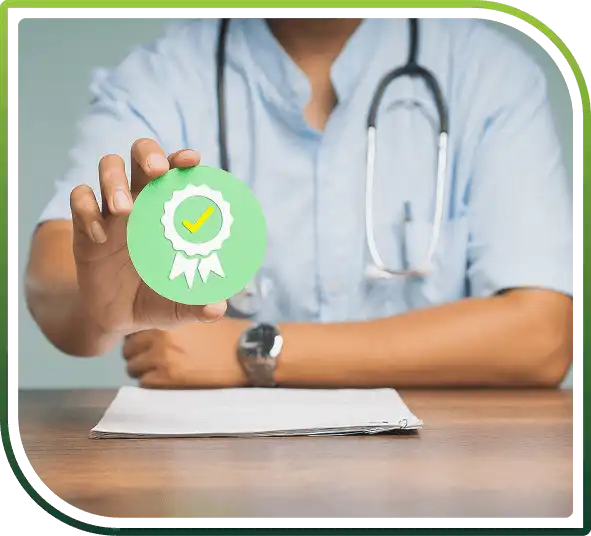 Healthcare professional holding a quality certification badge