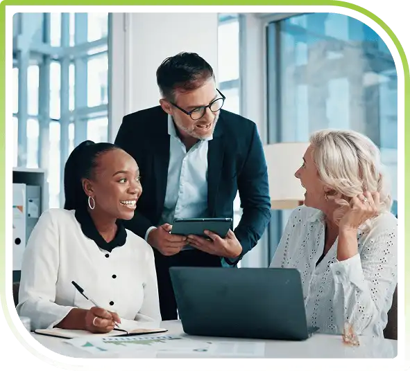 Financial professionals collaborating and reviewing data in a modern office environment