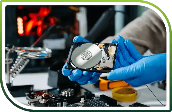 Professional handling a dismantled hard drive, representing secure data destruction and responsible IT asset disposal services.