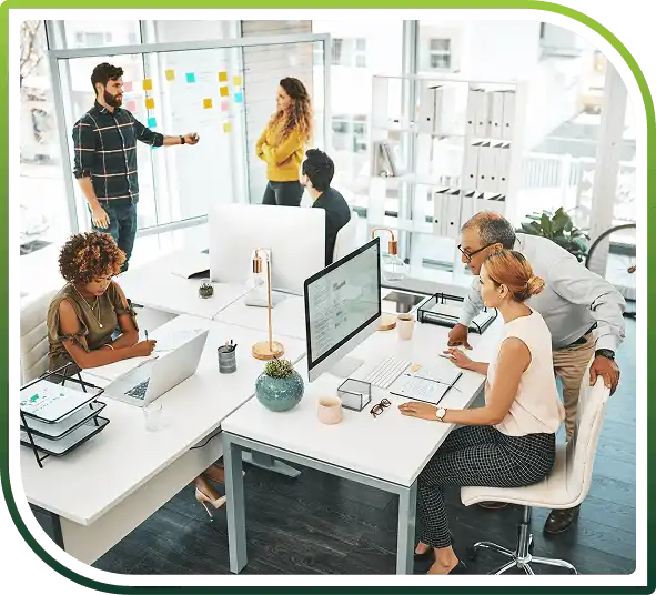 Business team collaborating in a modern office environment