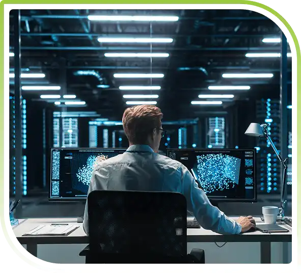 IT professional monitoring data systems in a secure technology operations center