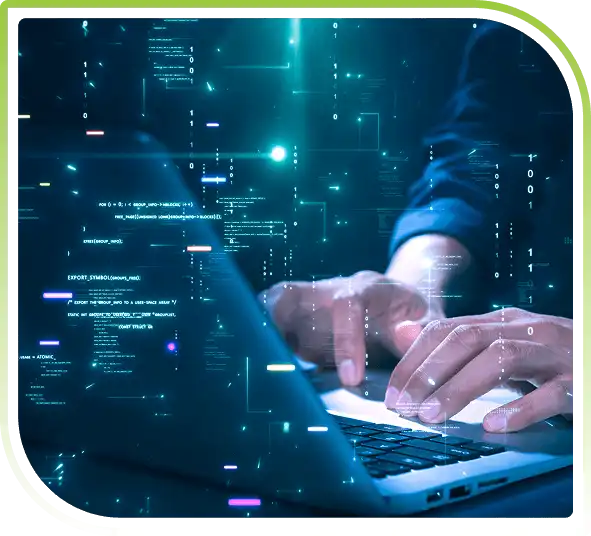 IT professional working on a laptop with digital data and cybersecurity visuals