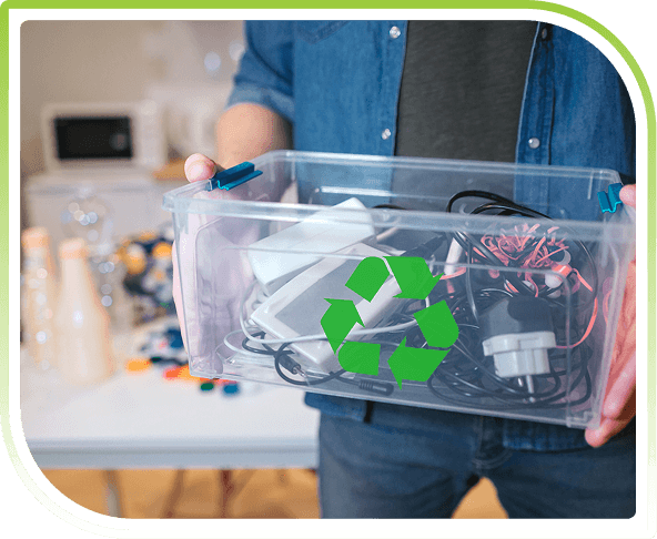Person holding a recycling bin filled with electronic cables and devices, representing secure IT asset disposal and ITAD services.