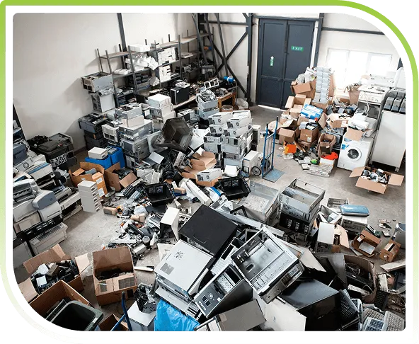 Warehouse filled with surplus and retired IT equipment, illustrating large-scale IT asset liquidation and responsible disposal services.