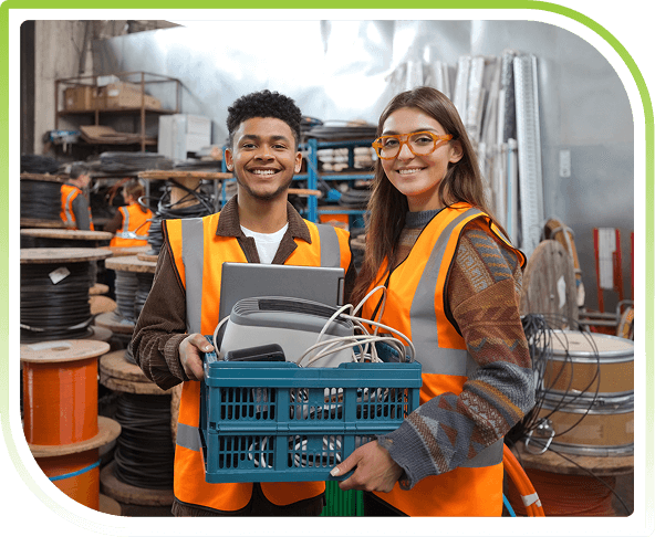 Two recycling workers holding a basket of electronic waste in a facility, representing responsible e-waste collection and recycling services.