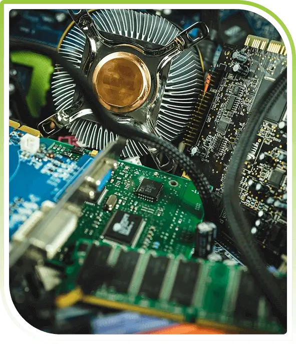 Close-up of internal computer hardware and circuit boards, representing secure IT asset disposal, disposition, and compliant ITAD services.