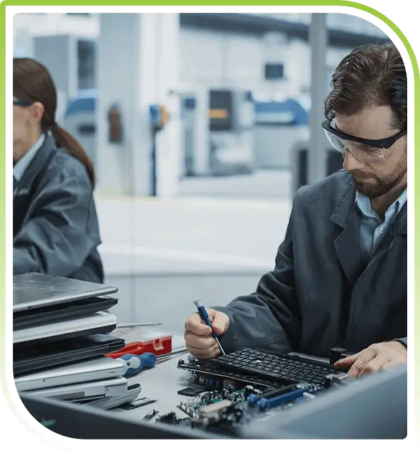 Technician dismantling computer hardware in a secure facility, representing professional IT data destruction and ITAD services.