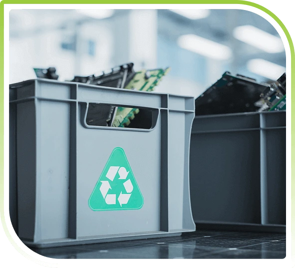 Recycling bins filled with electronic components in a facility, representing secure IT asset recycling and environmentally responsible ITAD services.
