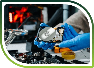 Gloved hands holding a dismantled hard drive during secure IT asset recycling, highlighting certified ITAD and data protection services.