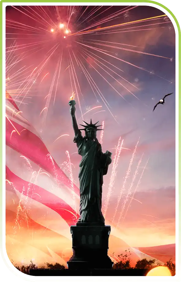 Statue of Liberty illuminated by colorful fireworks at sunset, symbolizing nationwide presence, freedom, and unity across the USA.