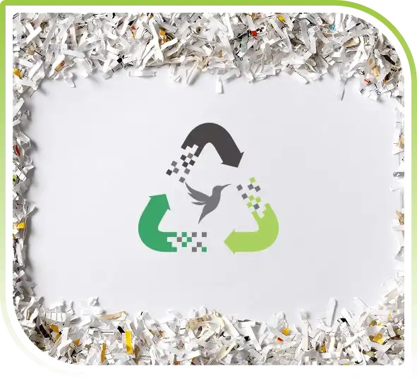 Paper shredding and secure document destruction symbol with recycling arrows for confidential waste disposal services.