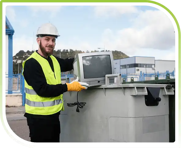 Worker in safety vest and hard hat placing an old computer monitor into an electronics recycling bin at an industrial site.