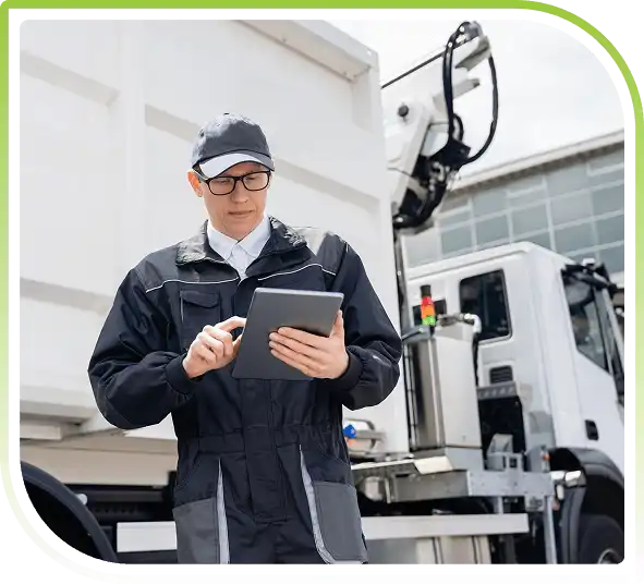 Logistics professional using a tablet beside a commercial truck, representing nationwide pickup, transport, and reverse logistics services.