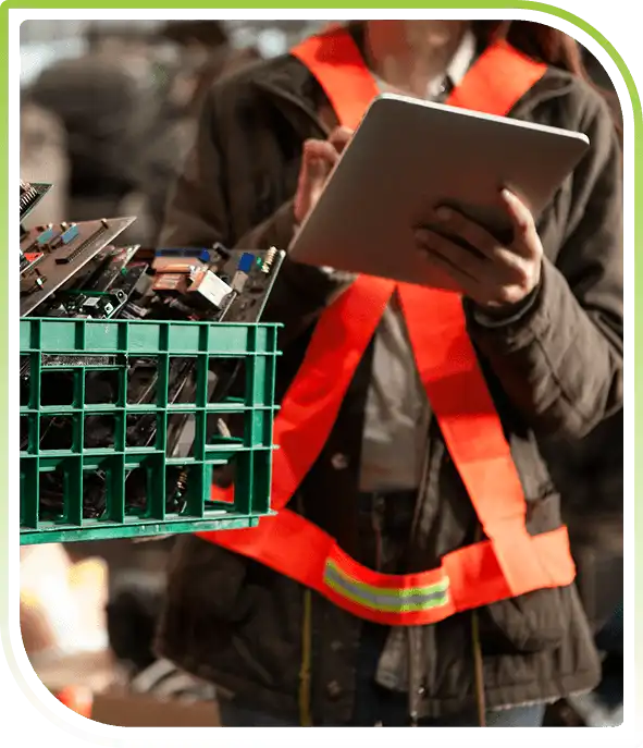 Warehouse worker wearing a safety vest using a tablet to inspect returned electronic components for reverse logistics processing.