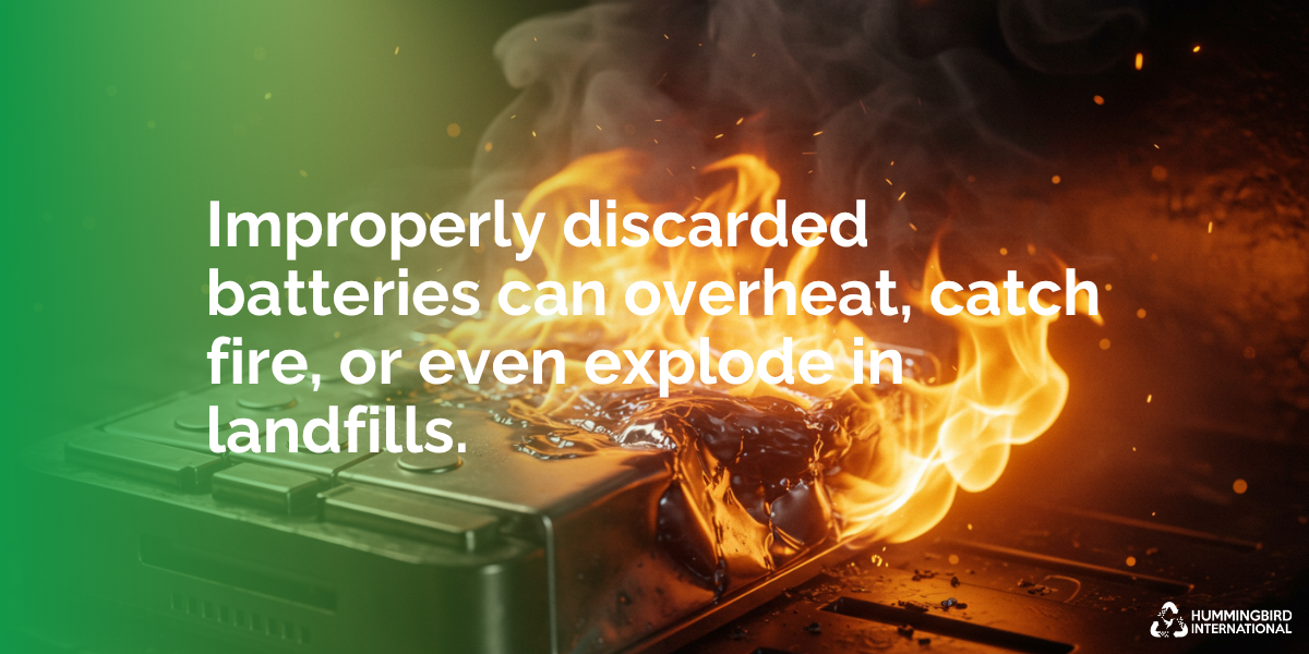 Discarded batteries can overheat, ignite, or explode